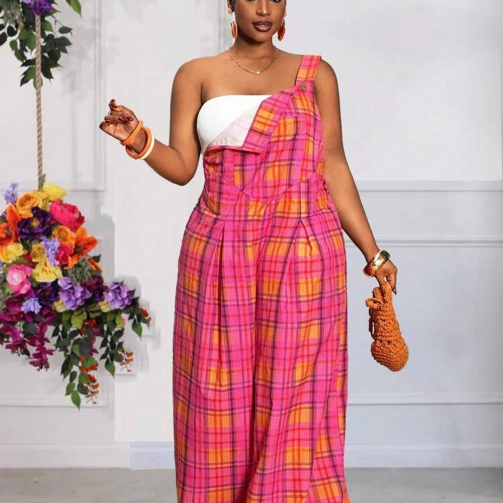 SHEIN Pink and Orange Plaid Jumpsuit